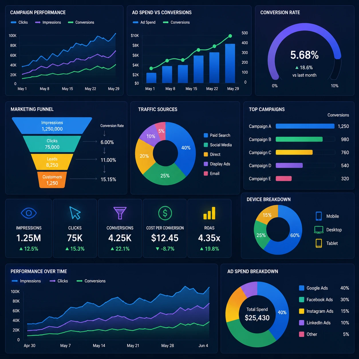 Dashboard analitik digital marketing menampilkan grafik pertumbuhan omzet dan performa kampanye