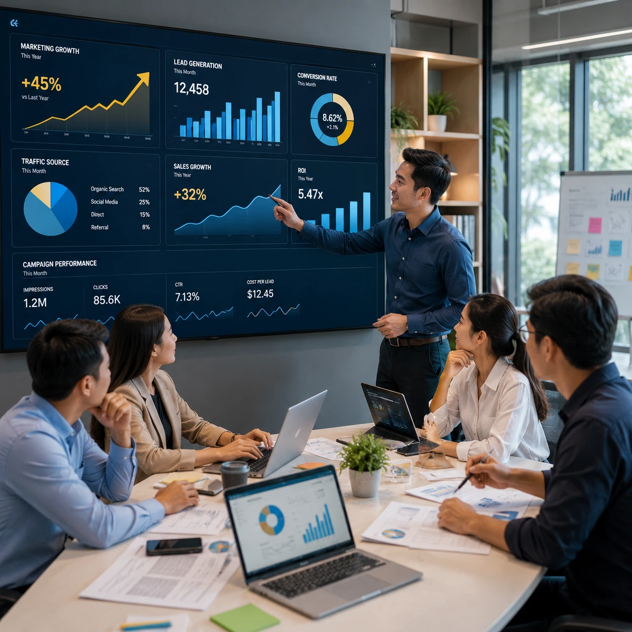 Tim strategi pemasaran berkolaborasi menganalisis data di laptop dalam ruang kerja modern